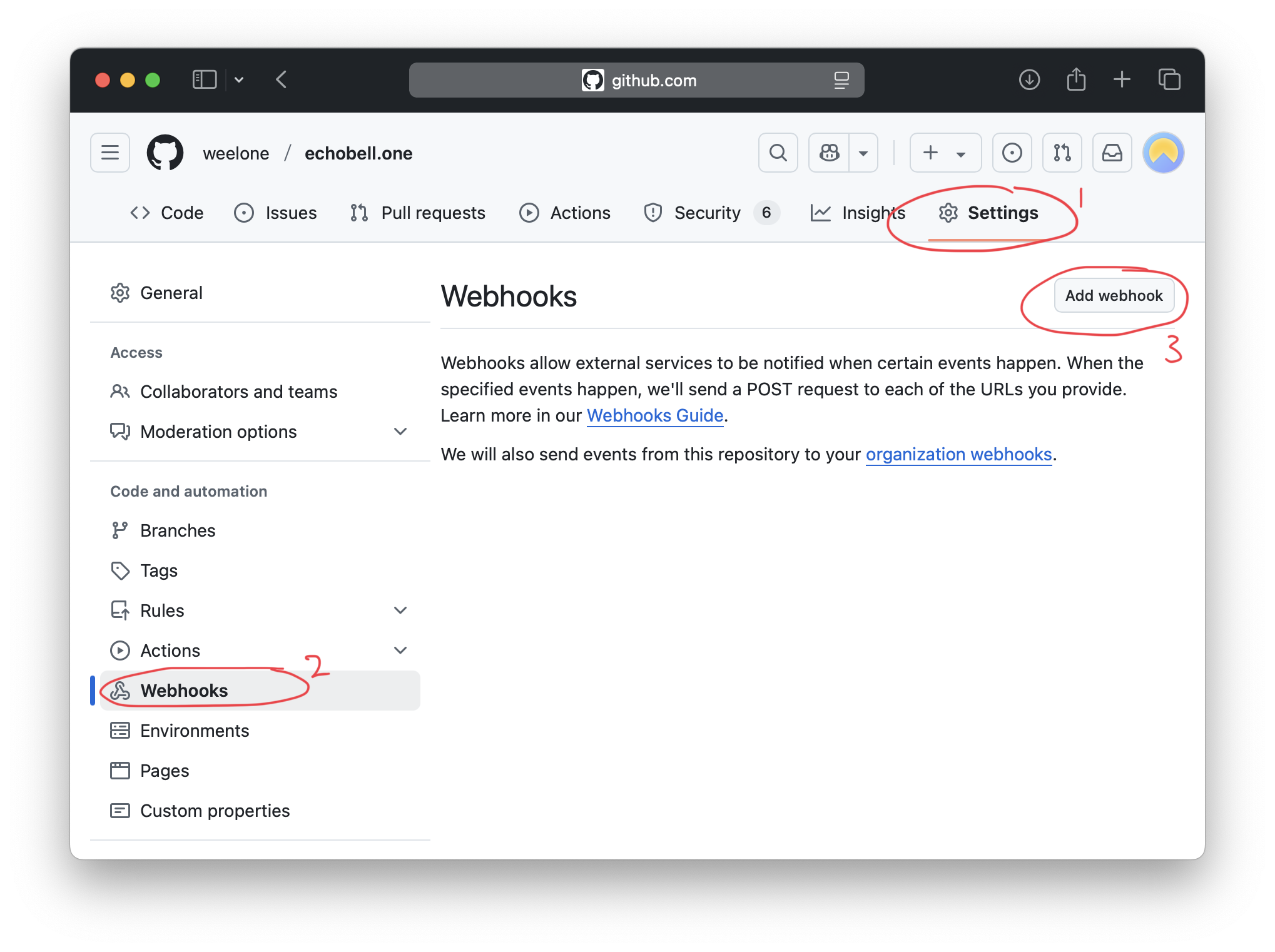 Captura de pantalla de configuración de Webhooks de GitHub